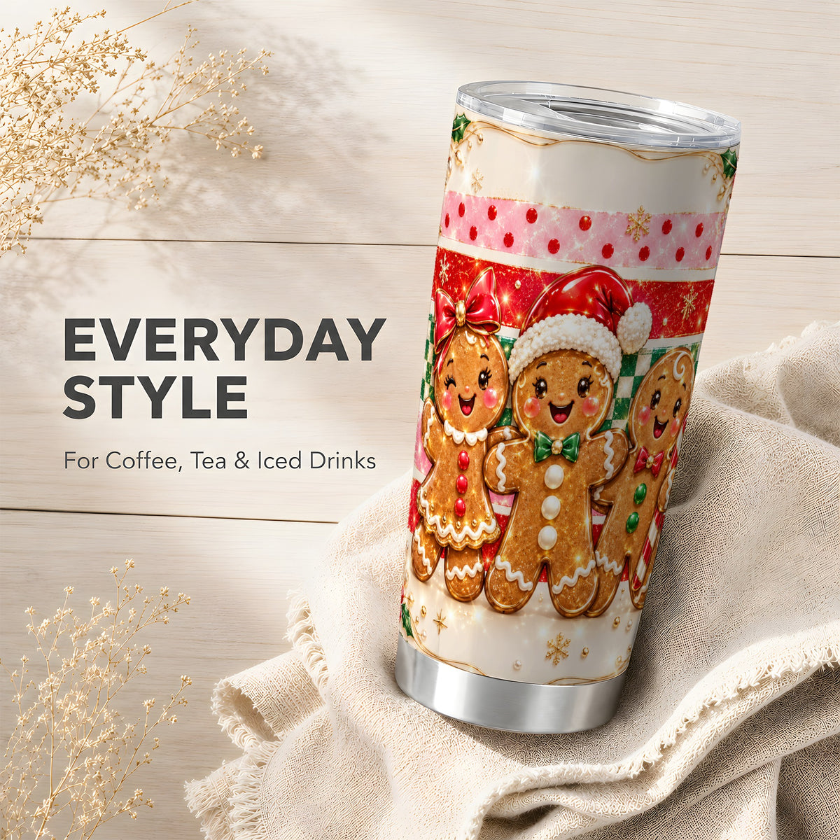Gingerbread Trio Tumbler 20oz, Holiday Tumbler, Stainless Steel Travel Cup