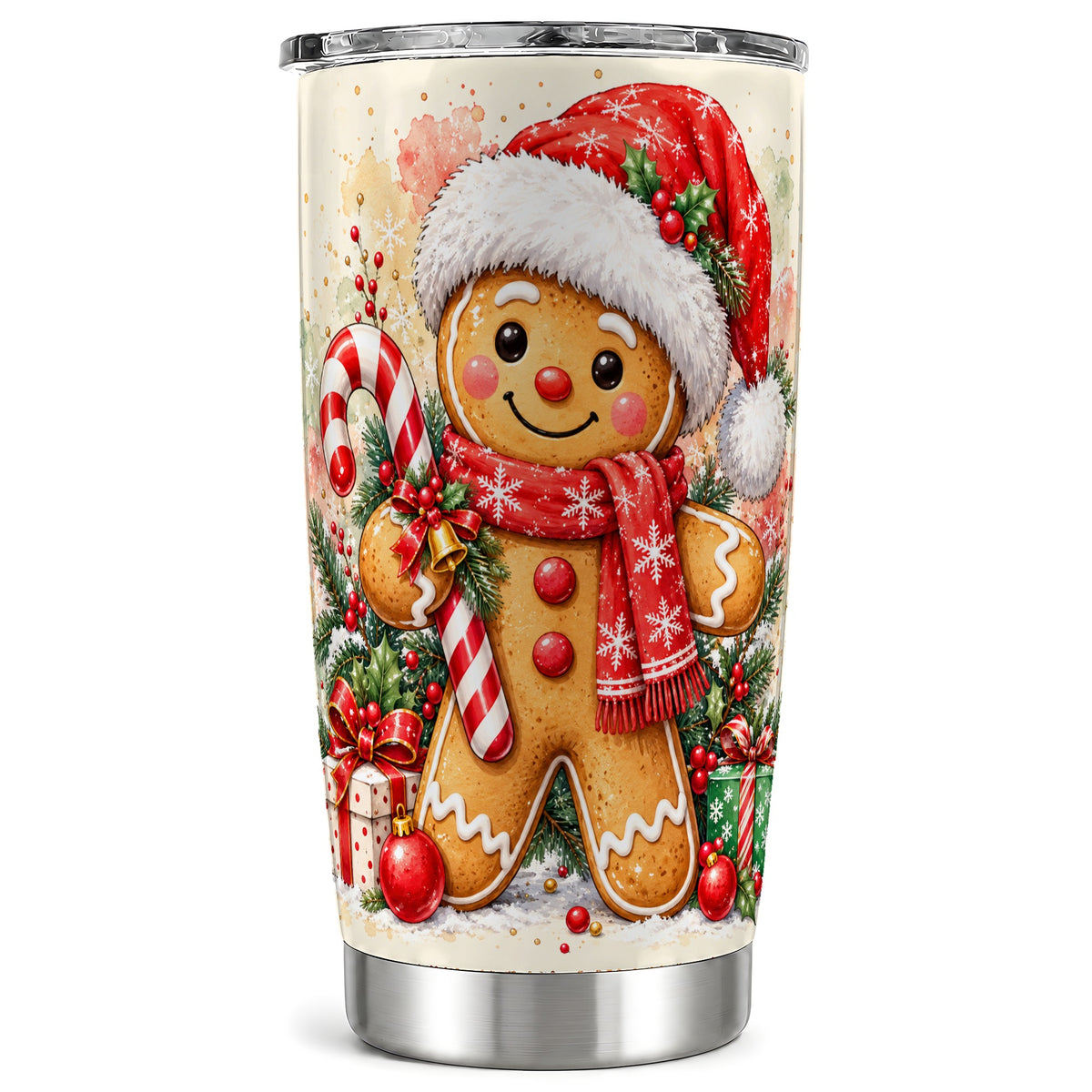 Gingerbread Tumbler 20oz, Candy Cane Tumbler, Stainless Steel Travel Cup