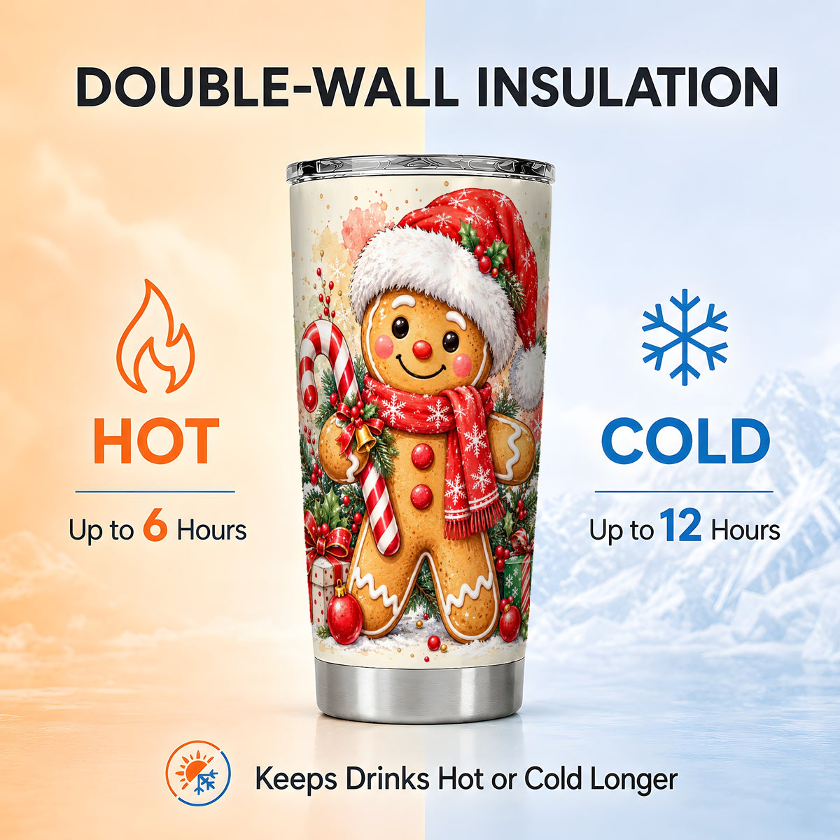 Gingerbread Tumbler 20oz, Candy Cane Tumbler, Stainless Steel Travel Cup