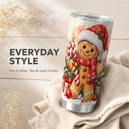 Gingerbread Tumbler 20oz, Candy Cane Tumbler, Stainless Steel Travel Cup