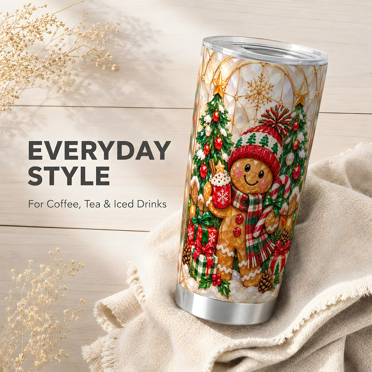 Gingerbread Tumbler 20oz, Christmas Tumbler, Stainless Steel Travel Cup