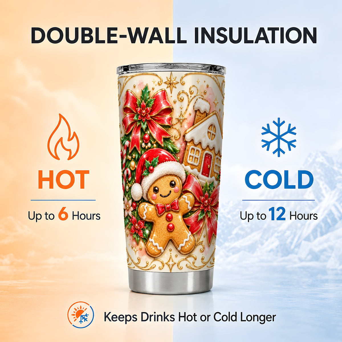 Gingerbread Tumbler 20oz, Christmas Tumbler, Stainless Steel Travel Cup