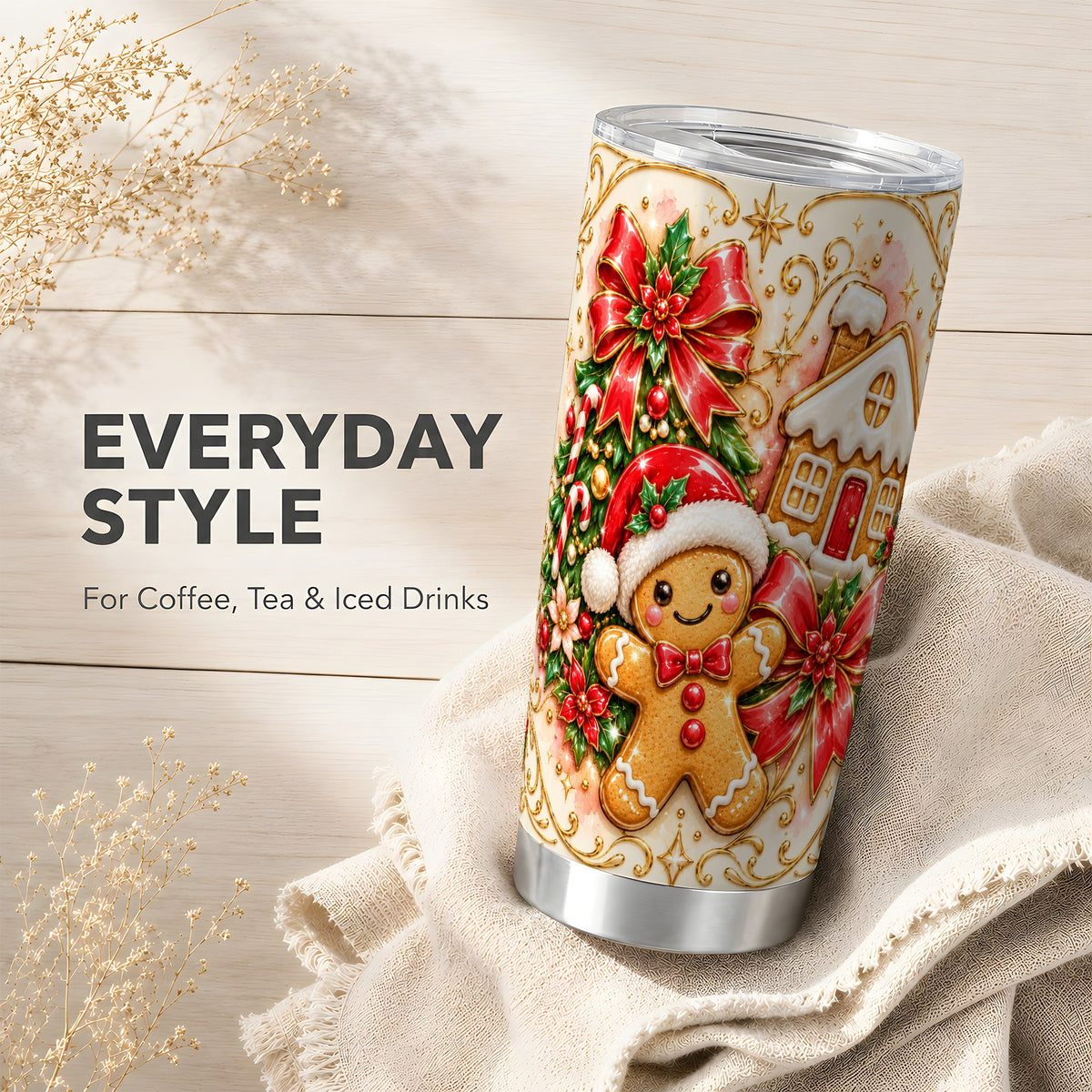 Gingerbread Tumbler 20oz, Christmas Tumbler, Stainless Steel Travel Cup