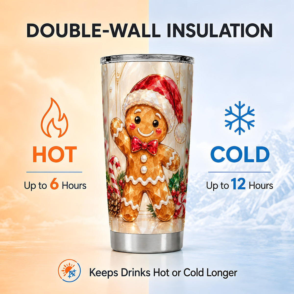 Candy Cane Tumbler 20oz, Gingerbread Tumbler, Stainless Steel Travel Cup