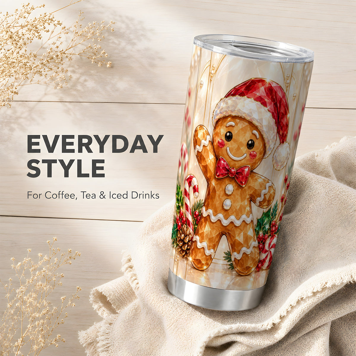 Candy Cane Tumbler 20oz, Gingerbread Tumbler, Stainless Steel Travel Cup