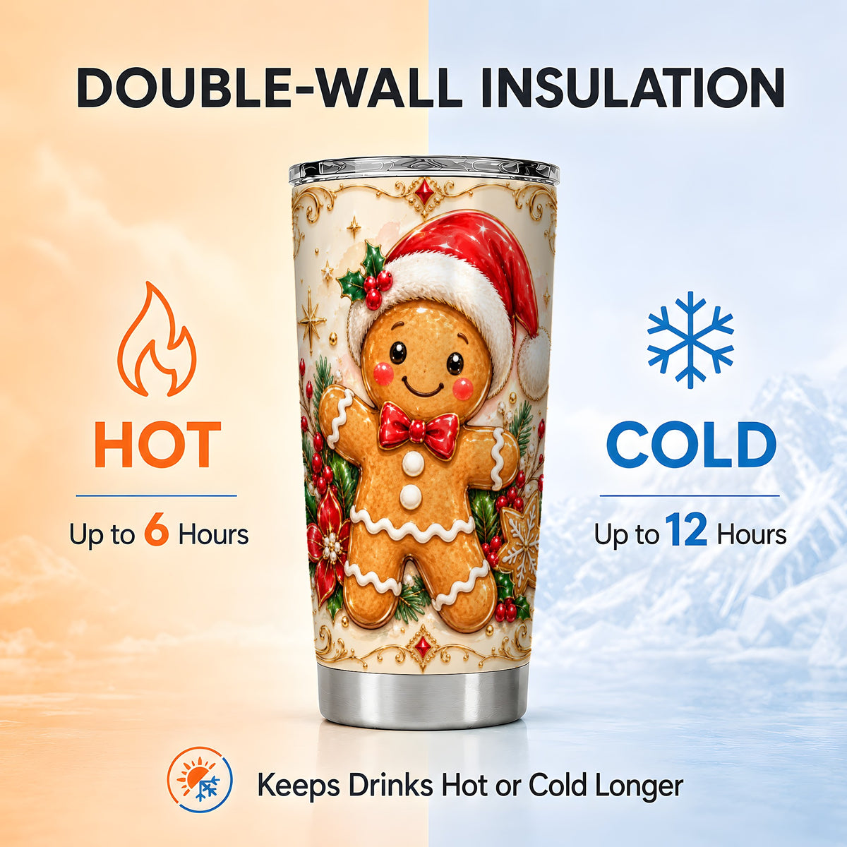 Festive Tumbler 20oz, Gingerbread Tumbler, Stainless Steel Travel Cup