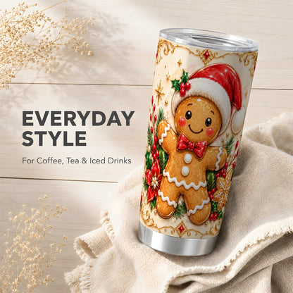 Festive Tumbler 20oz, Gingerbread Tumbler, Stainless Steel Travel Cup