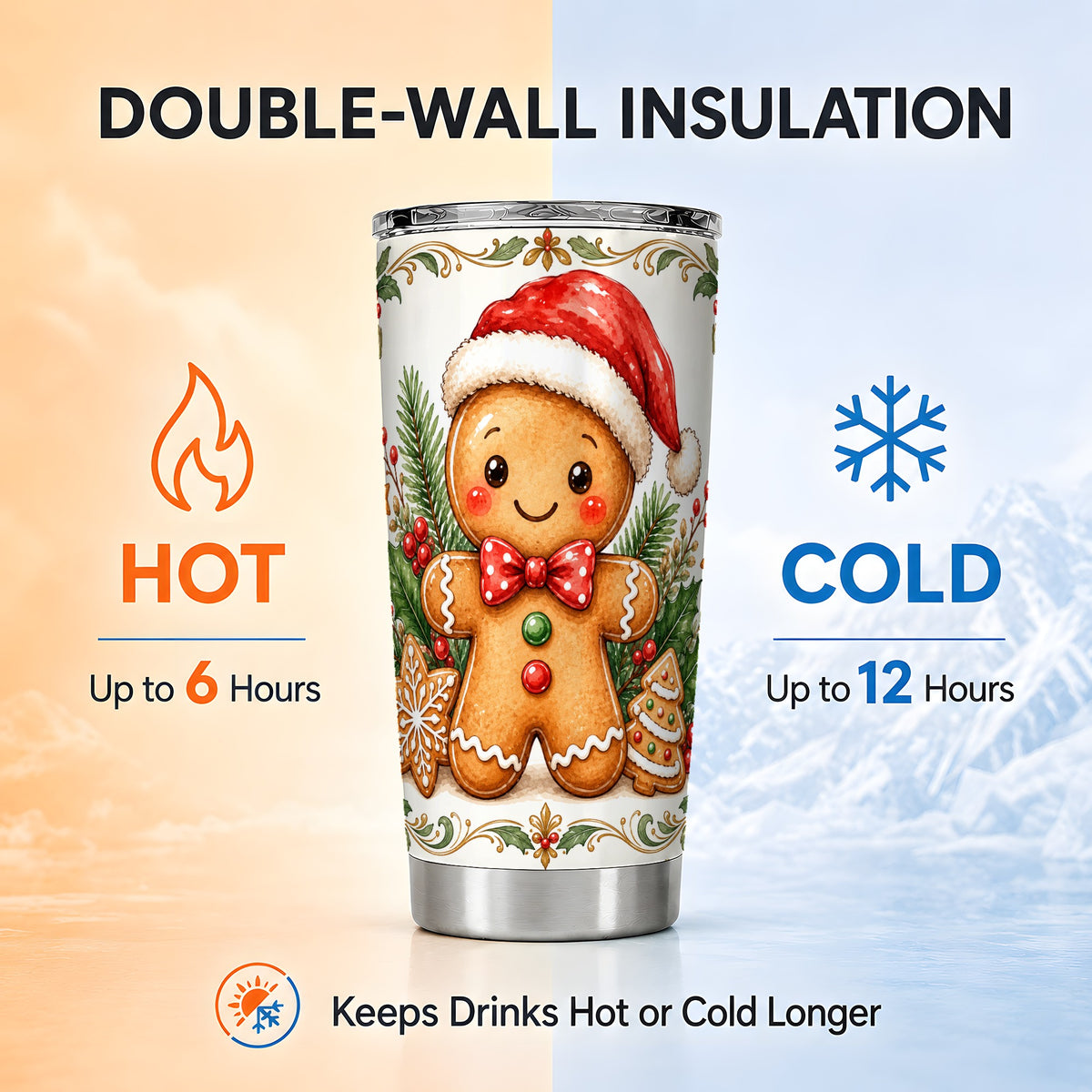 Gingerbread Tumbler 20oz, Watercolor Tumbler, Stainless Steel Travel Cup