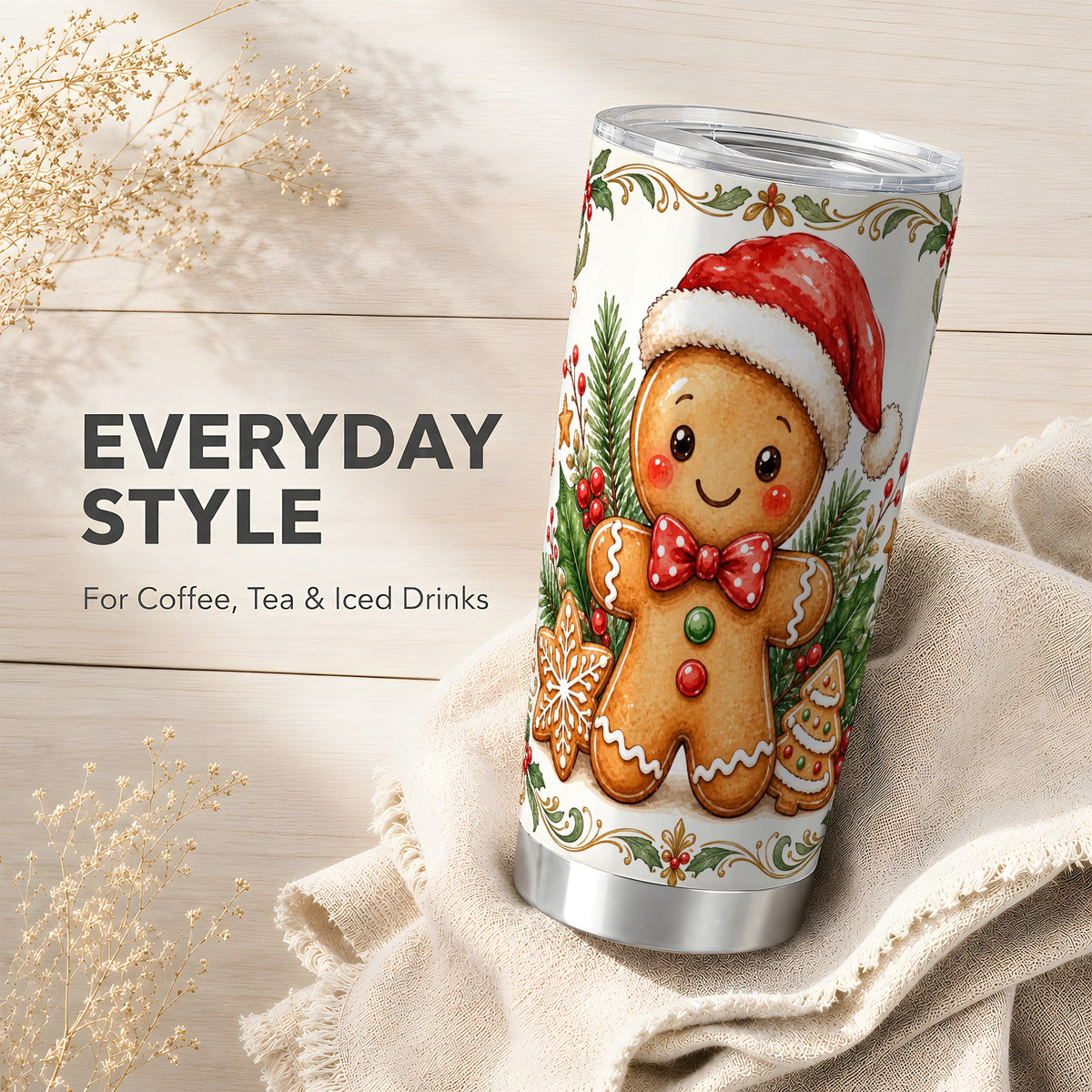 Gingerbread Tumbler 20oz, Watercolor Tumbler, Stainless Steel Travel Cup