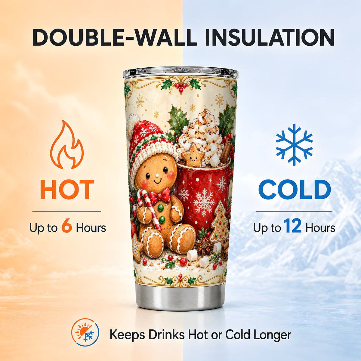 Gingerbread Cocoa Tumbler 20oz, Holiday Tumbler, Stainless Steel Travel Cup