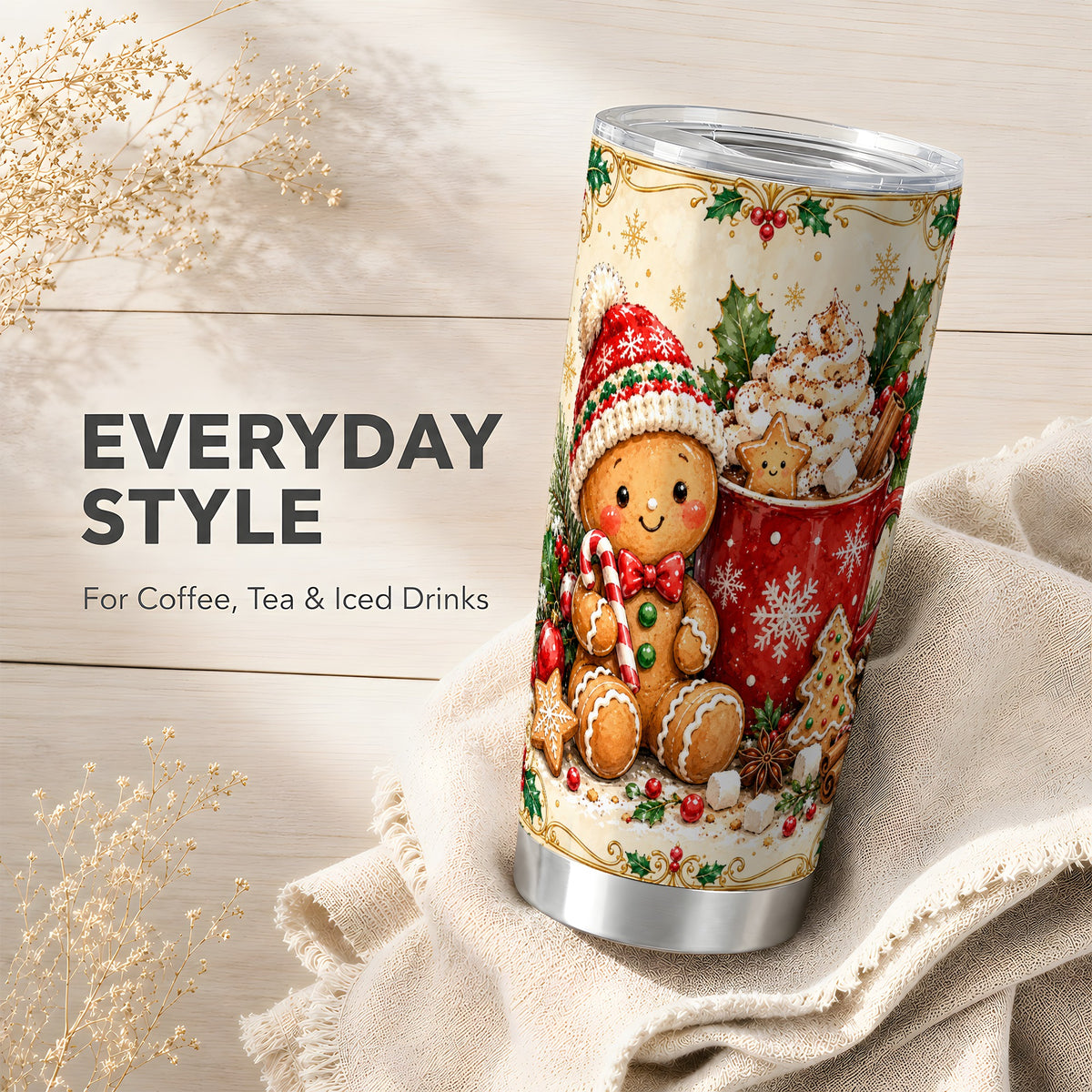 Gingerbread Cocoa Tumbler 20oz, Holiday Tumbler, Stainless Steel Travel Cup