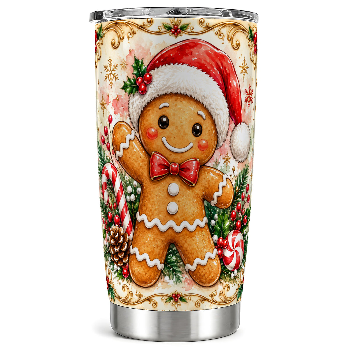 Gingerbread Tumbler 20oz, Candy Cane Tumbler, Stainless Steel Travel Cup