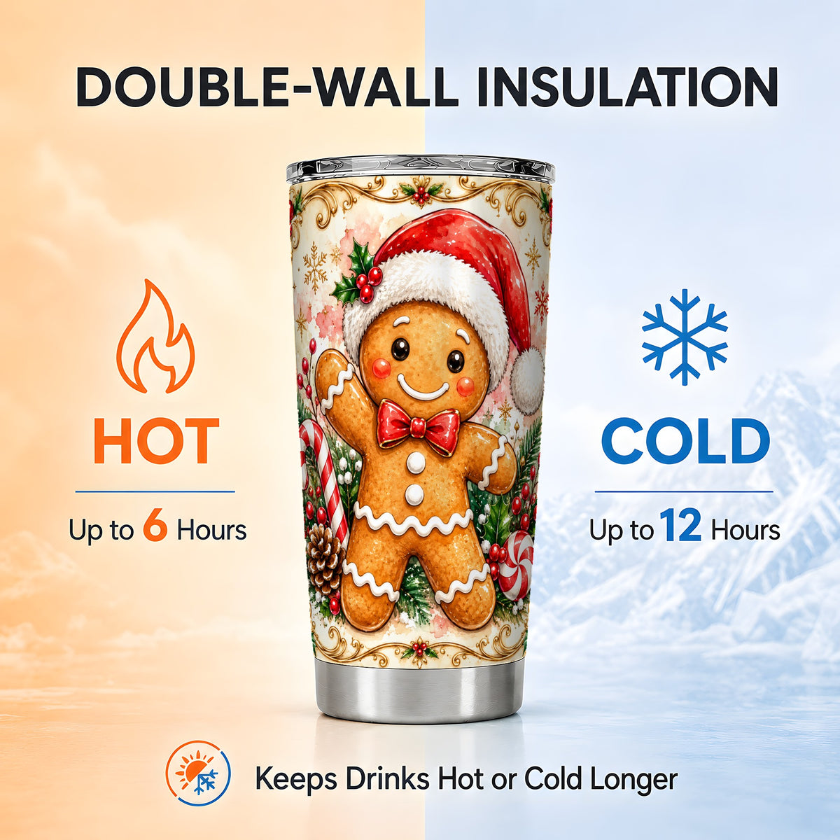 Gingerbread Tumbler 20oz, Candy Cane Tumbler, Stainless Steel Travel Cup