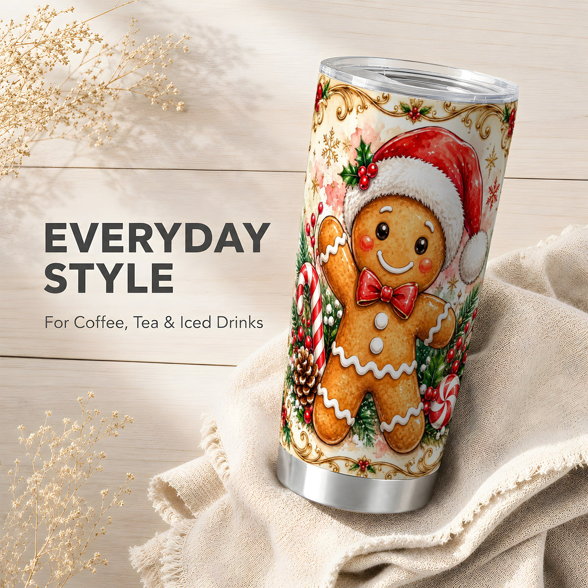 Gingerbread Tumbler 20oz, Candy Cane Tumbler, Stainless Steel Travel Cup