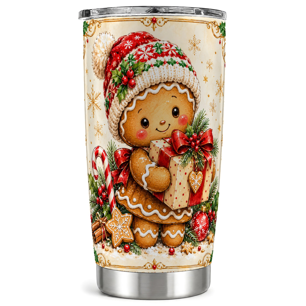 Christmas Tumbler 20oz, Gingerbread Tumbler, Stainless Steel Travel Cup