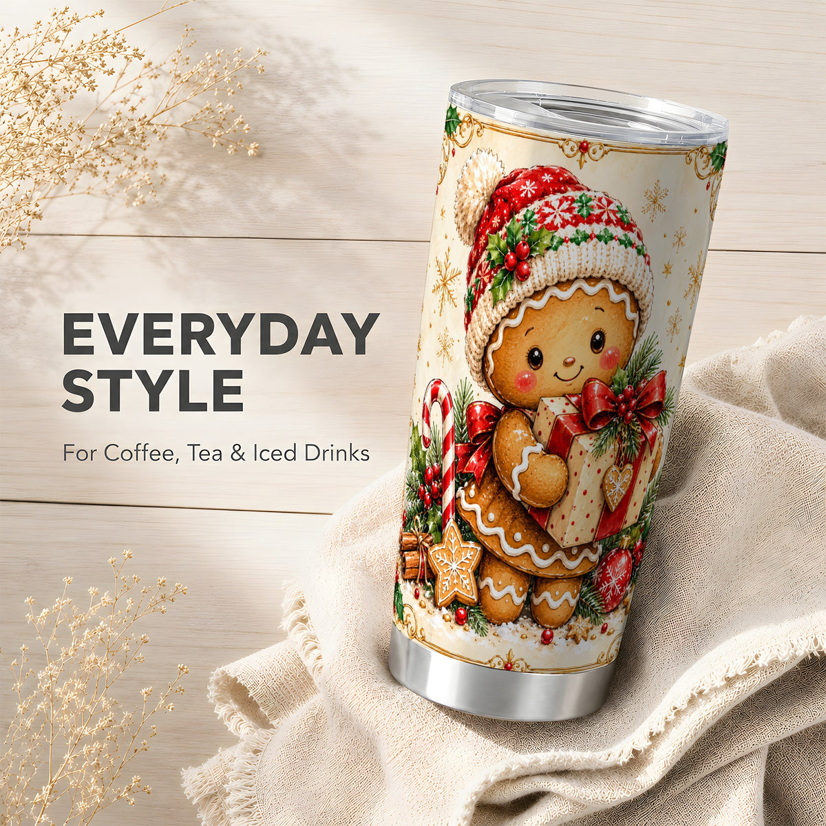 Christmas Tumbler 20oz, Gingerbread Tumbler, Stainless Steel Travel Cup