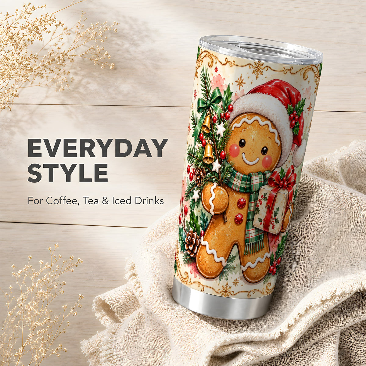 Tree Tumbler 20oz, Gingerbread Tumbler, Stainless Steel Travel Cup