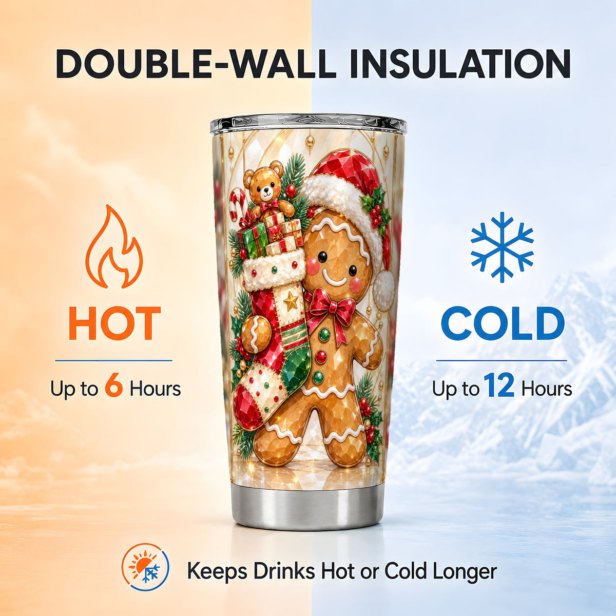 Stocking Tumbler 20oz, Gingerbread Tumbler, Stainless Steel Travel Cup