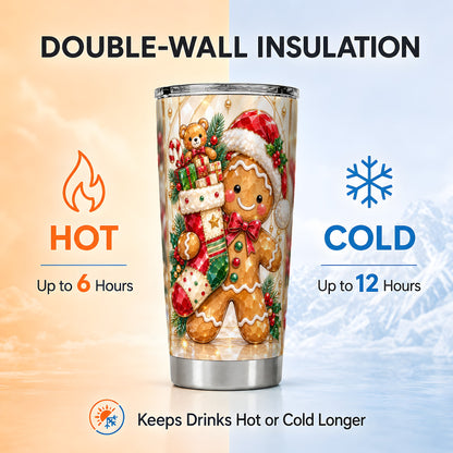 Stocking Tumbler 20oz, Gingerbread Tumbler, Stainless Steel Travel Cup