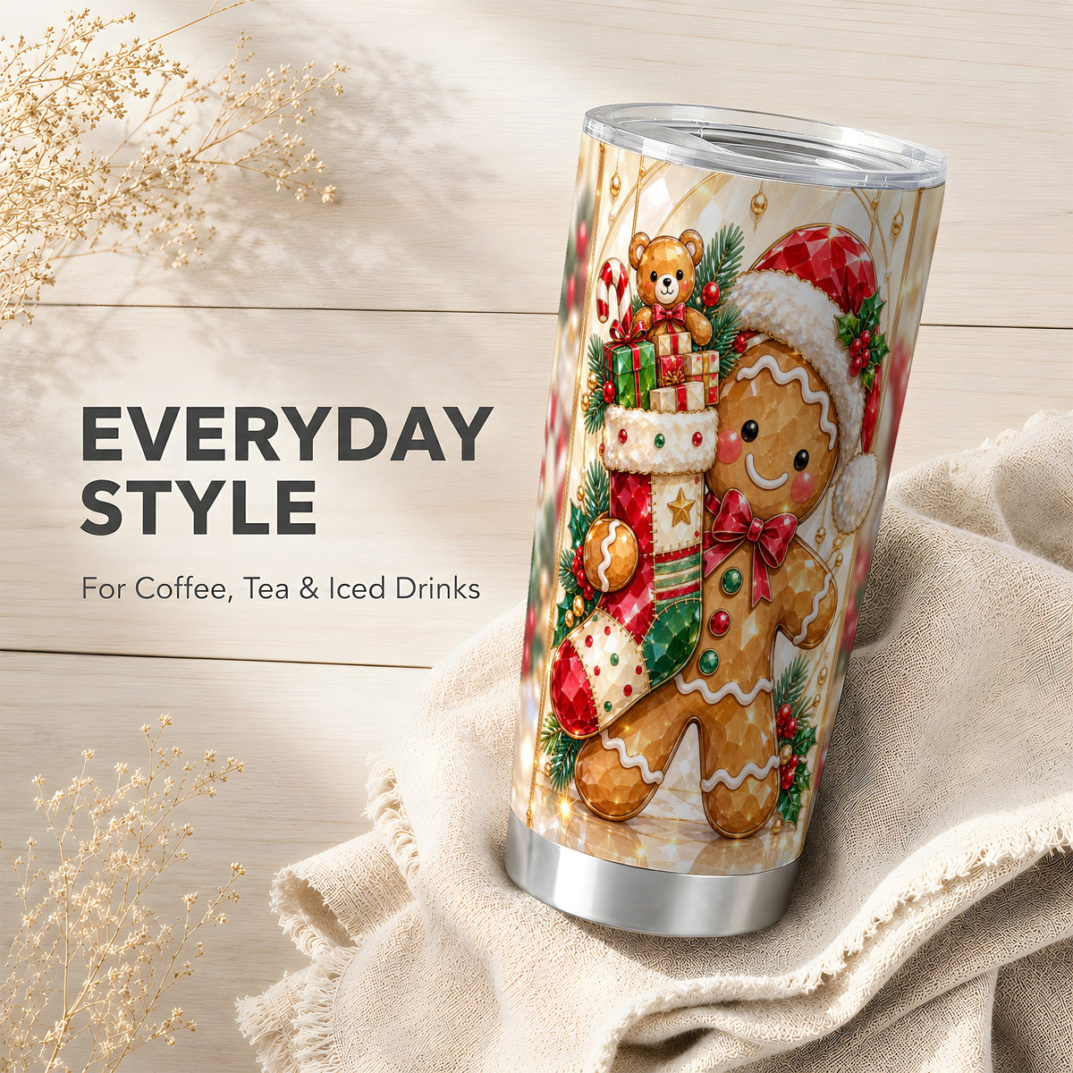 Stocking Tumbler 20oz, Gingerbread Tumbler, Stainless Steel Travel Cup