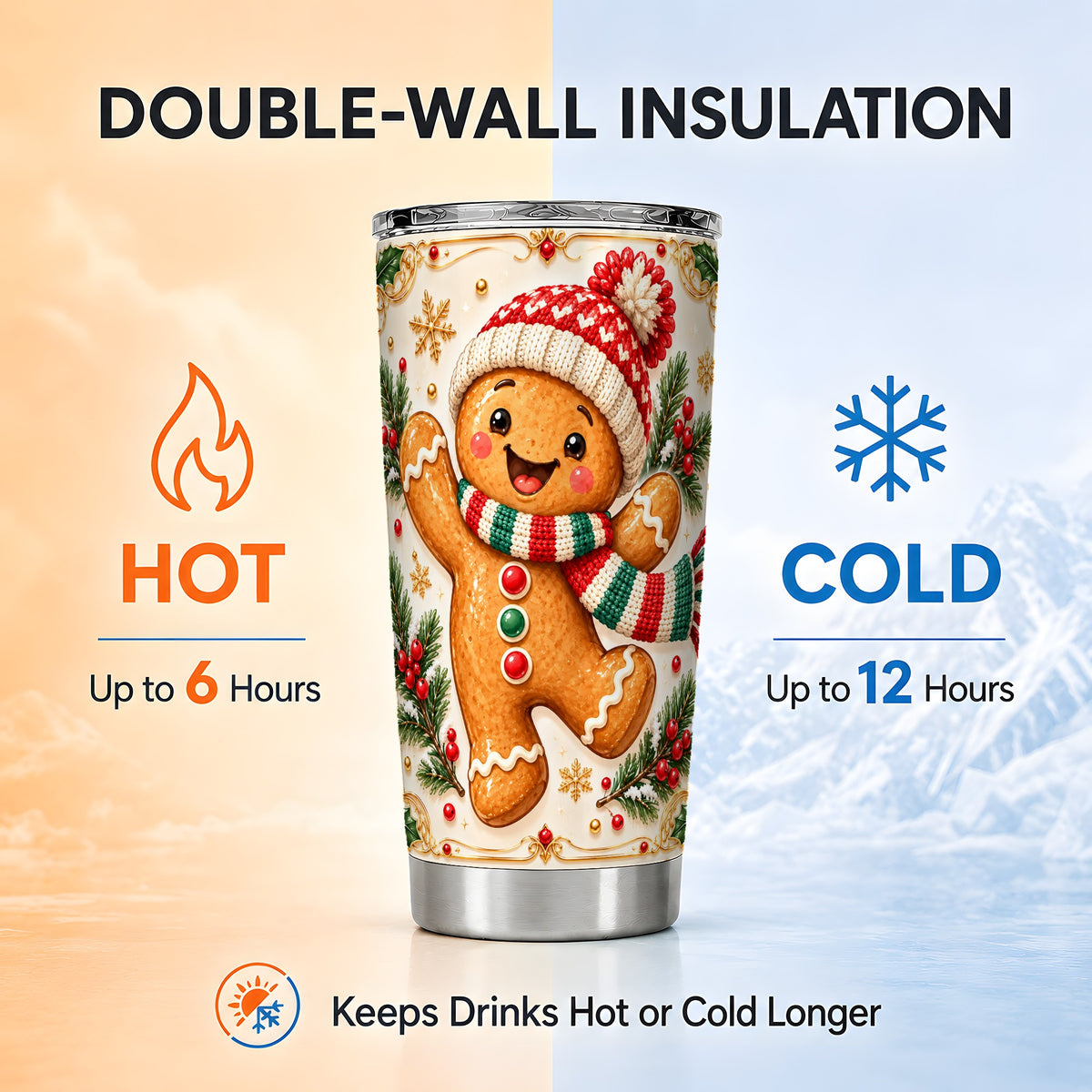 Cheerful Tumbler 20oz, Gingerbread Tumbler, Stainless Steel Travel Cup