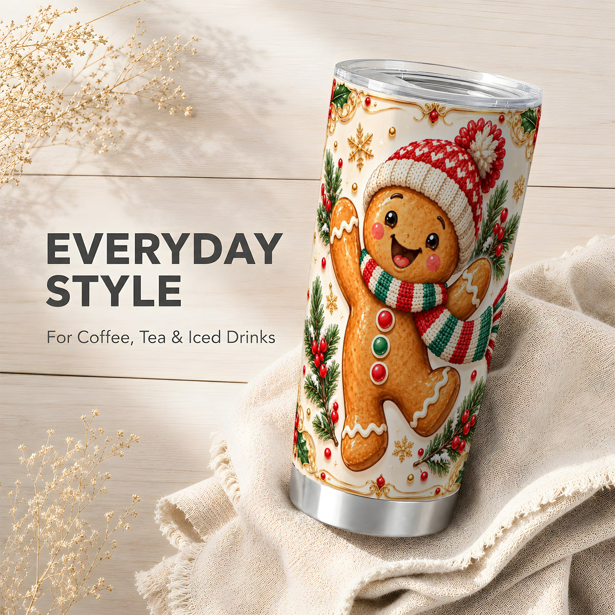 Cheerful Tumbler 20oz, Gingerbread Tumbler, Stainless Steel Travel Cup