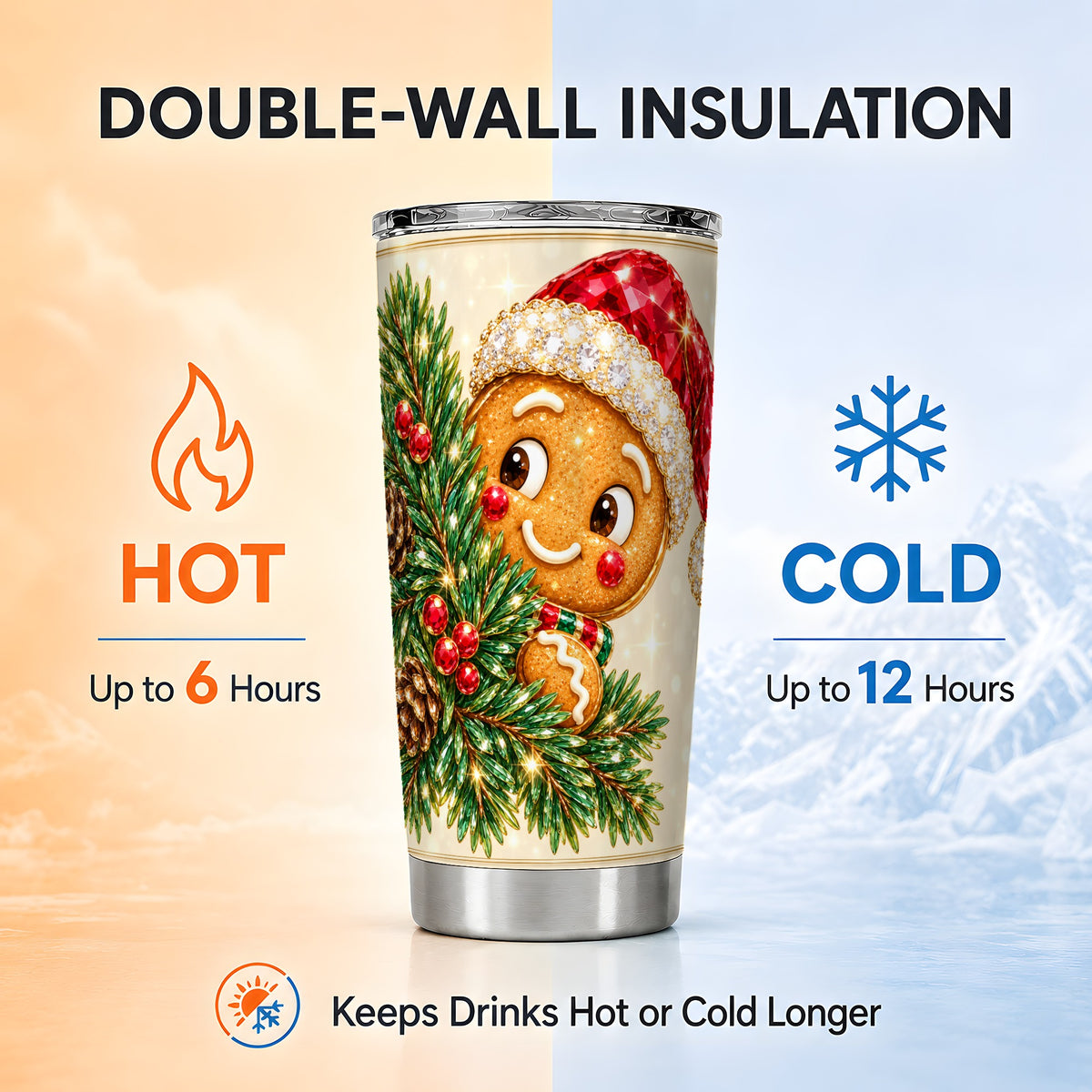 Gingerbread Santa Tumbler 20oz, Holiday Tumbler, Stainless Steel Travel Cup
