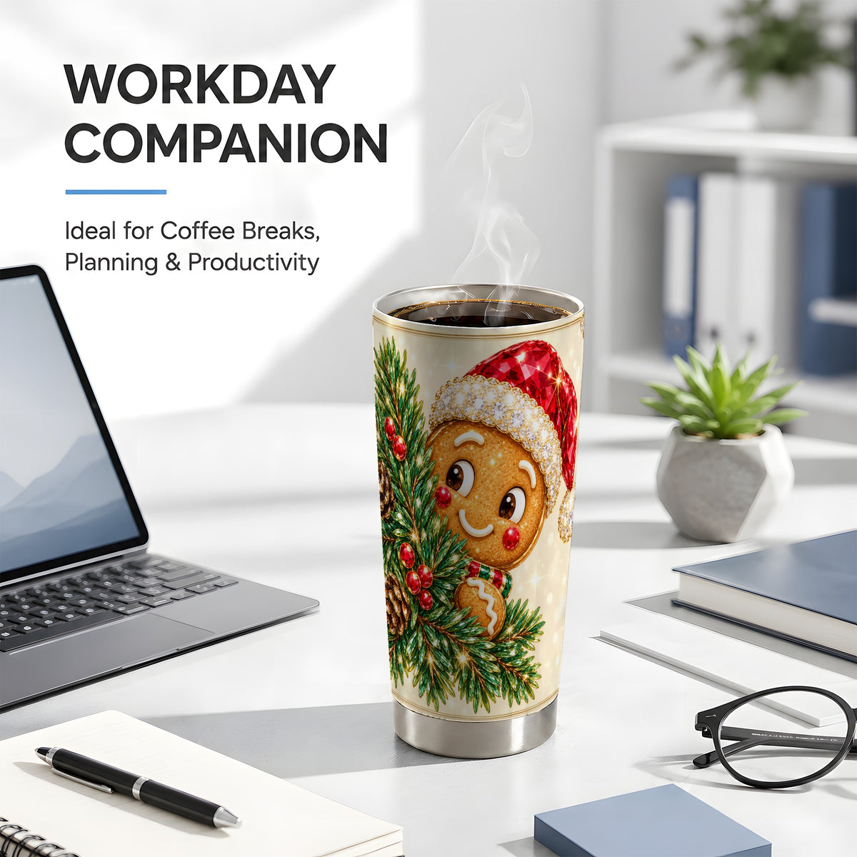 Gingerbread Santa Tumbler 20oz, Holiday Tumbler, Stainless Steel Travel Cup