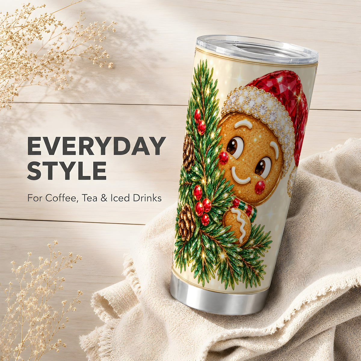 Gingerbread Santa Tumbler 20oz, Holiday Tumbler, Stainless Steel Travel Cup