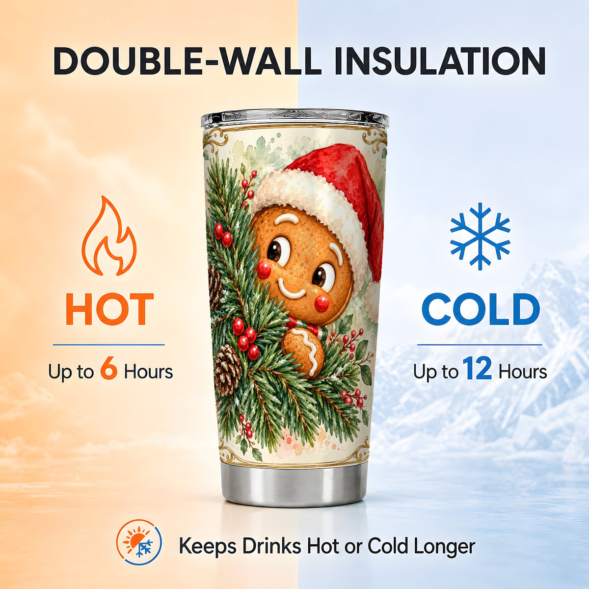Gingerbread Tumbler 20oz, Holiday Tumbler, Stainless Steel Travel Cup