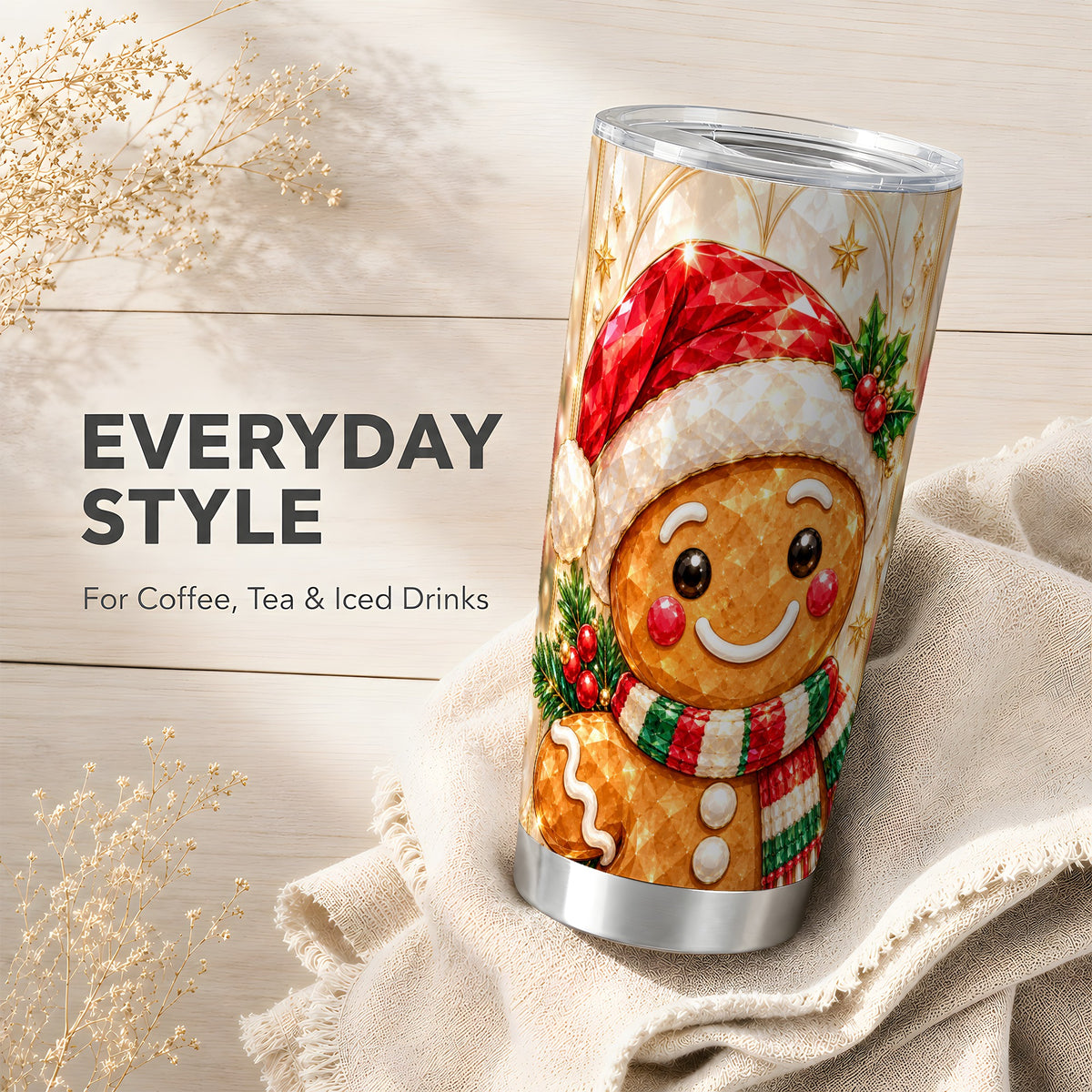 Scarf Gingerbread Tumbler 20oz, Holiday Tumbler, Stainless Steel Travel Cup