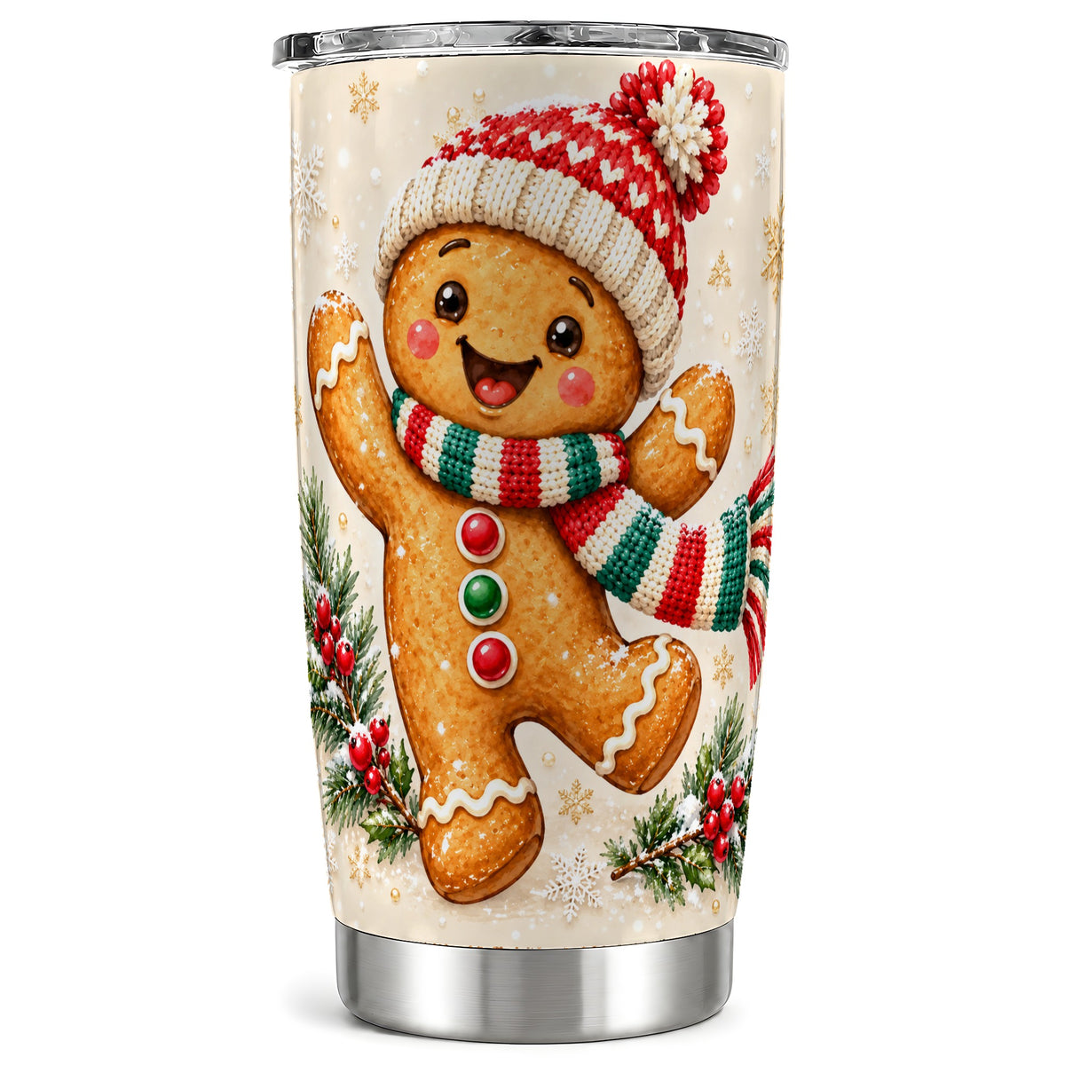 Gingerbread Holiday Tumbler 20oz, Winter Cookie Stainless Steel Travel Cup