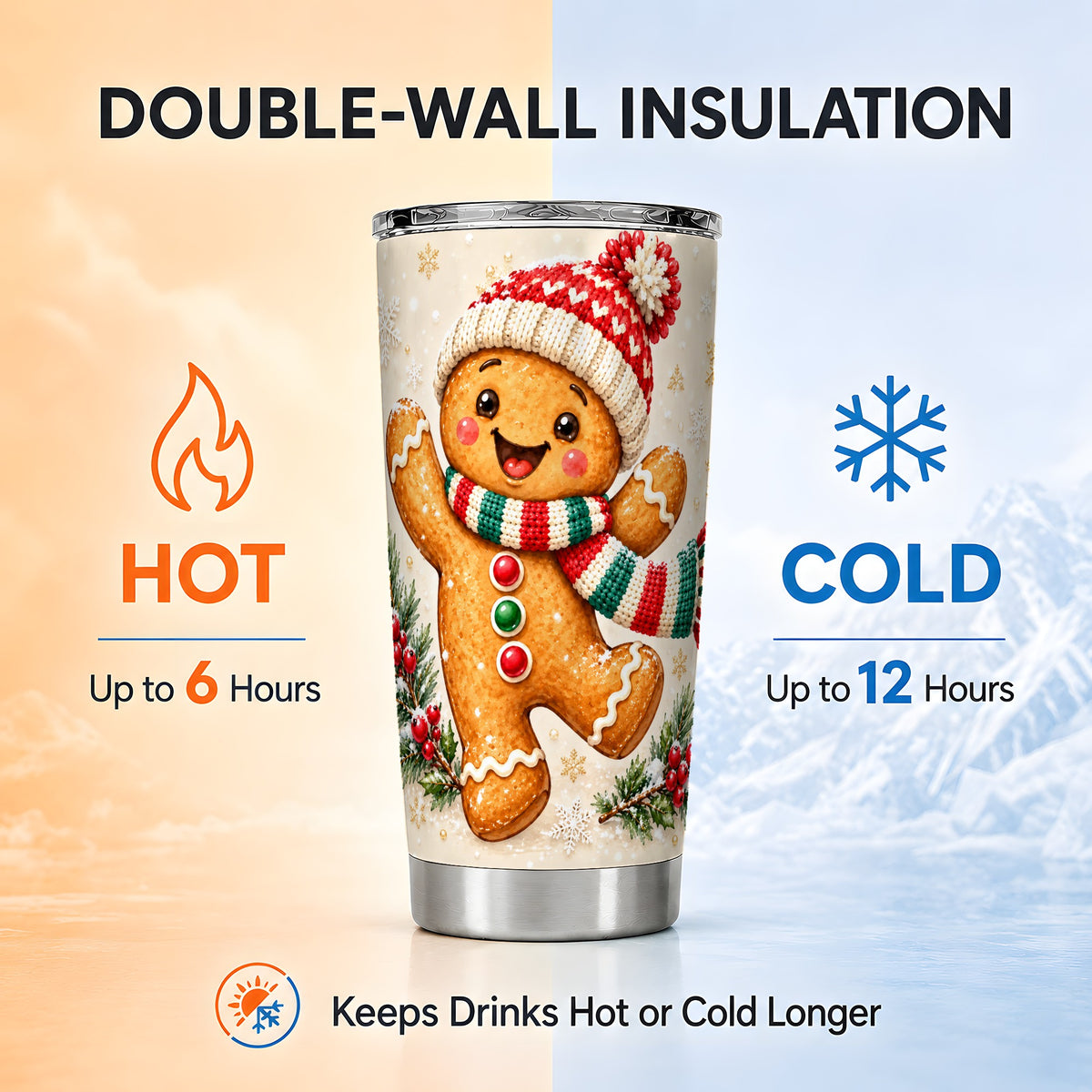 Gingerbread Holiday Tumbler 20oz, Winter Cookie Stainless Steel Travel Cup
