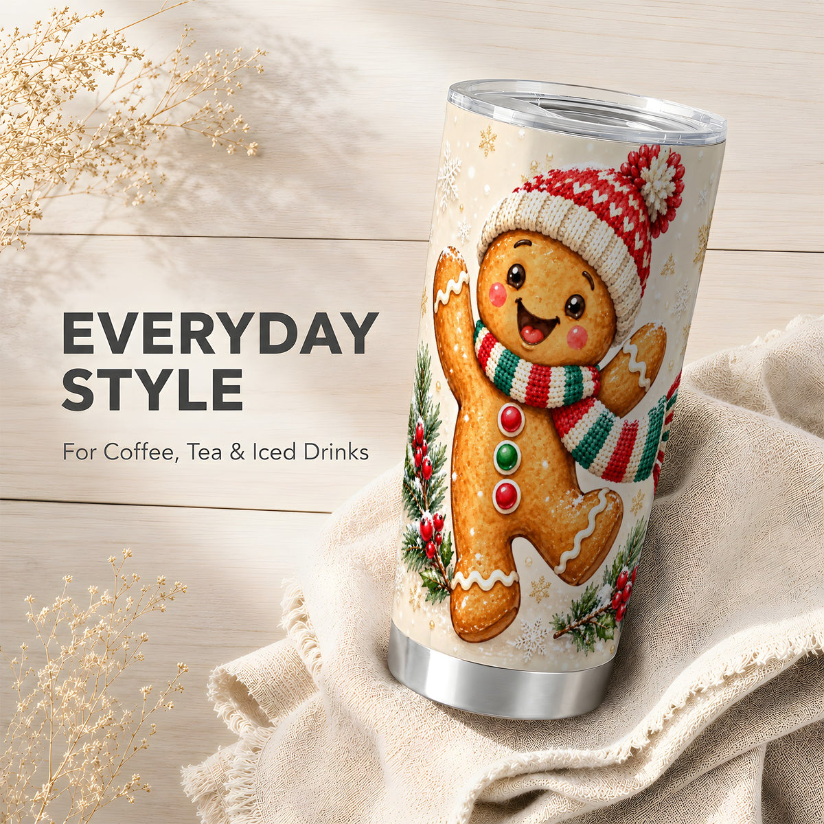 Gingerbread Holiday Tumbler 20oz, Winter Cookie Stainless Steel Travel Cup