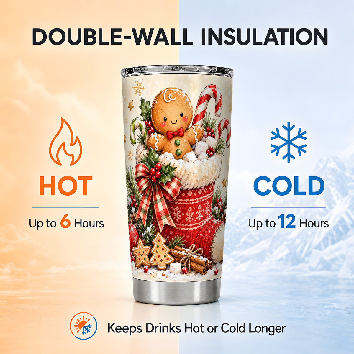 Gingerbread Stocking Tumbler 20oz, Christmas Stainless Steel Travel Cup