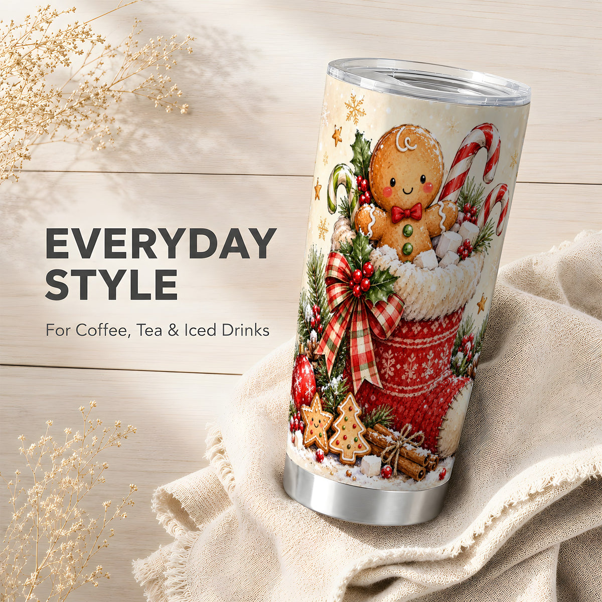 Gingerbread Stocking Tumbler 20oz, Christmas Stainless Steel Travel Cup