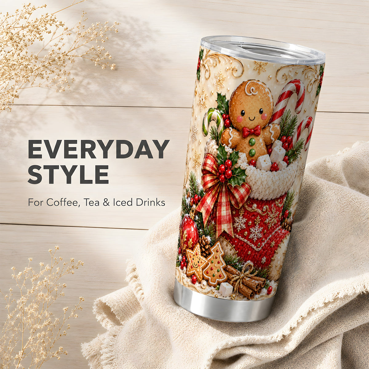 Ornate Gingerbread Tumbler 20oz, Christmas Stainless Steel Travel Cup