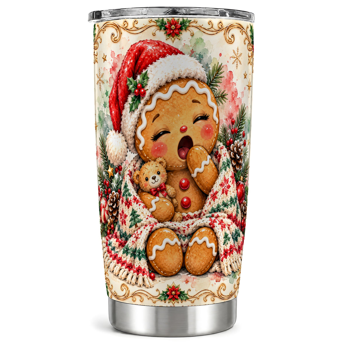 Cozy Gingerbread Tumbler 20oz, Winter Holiday Stainless Steel Travel Cup
