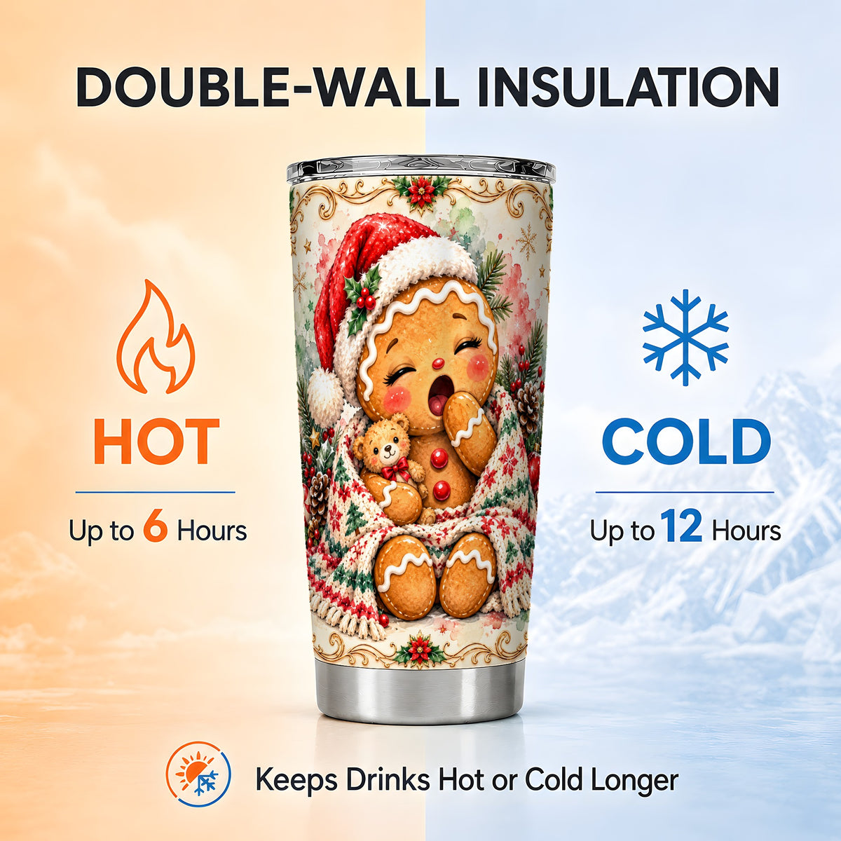 Cozy Gingerbread Tumbler 20oz, Winter Holiday Stainless Steel Travel Cup