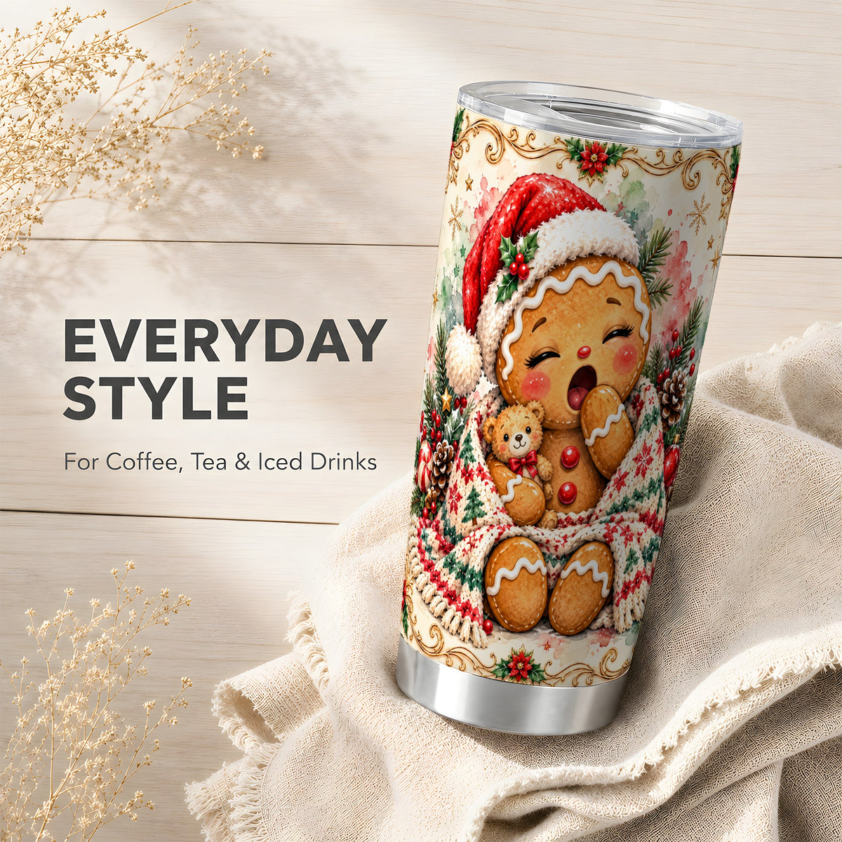 Cozy Gingerbread Tumbler 20oz, Winter Holiday Stainless Steel Travel Cup