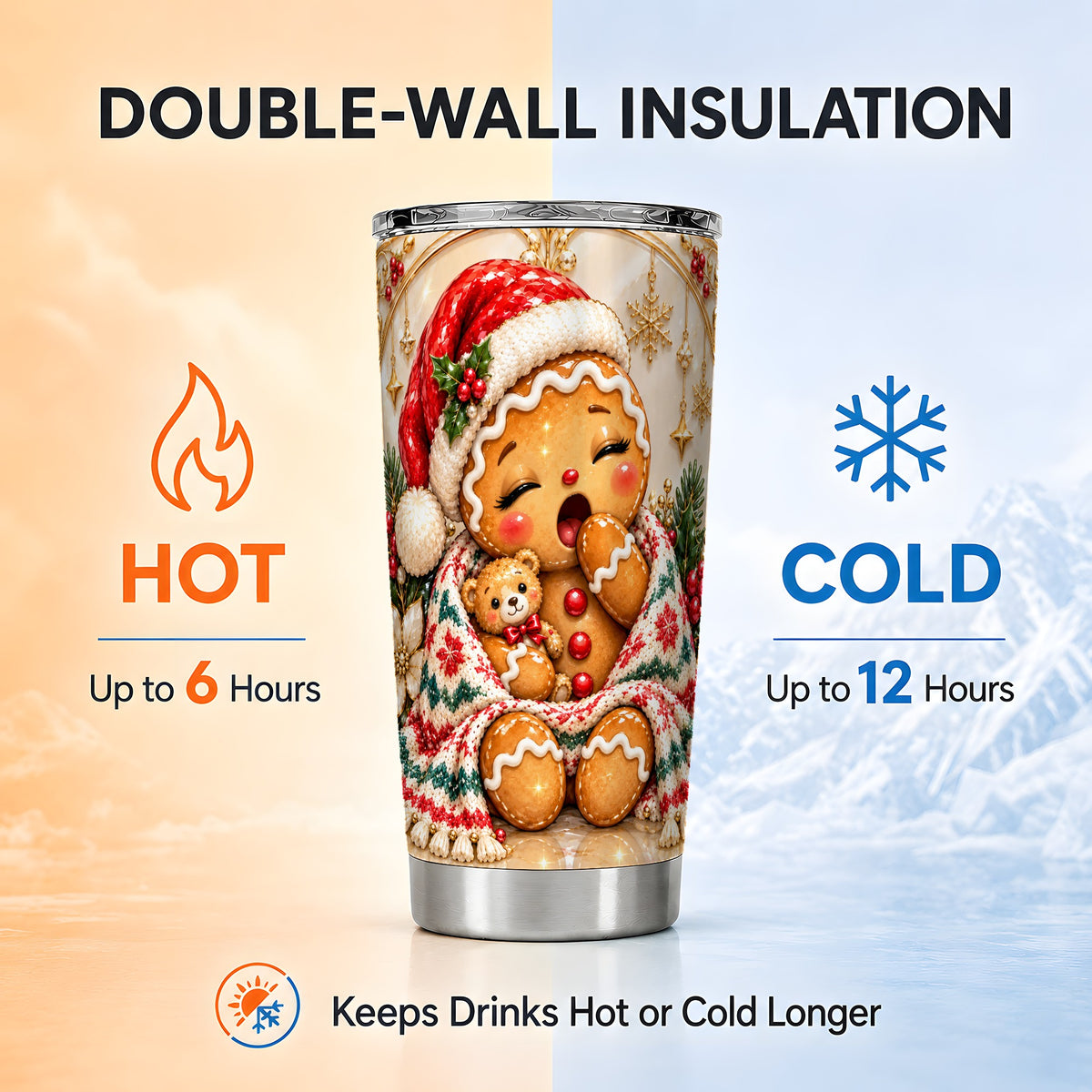 Cozy Gingerbread Tumbler 20oz, Christmas Stainless Steel Travel Cup