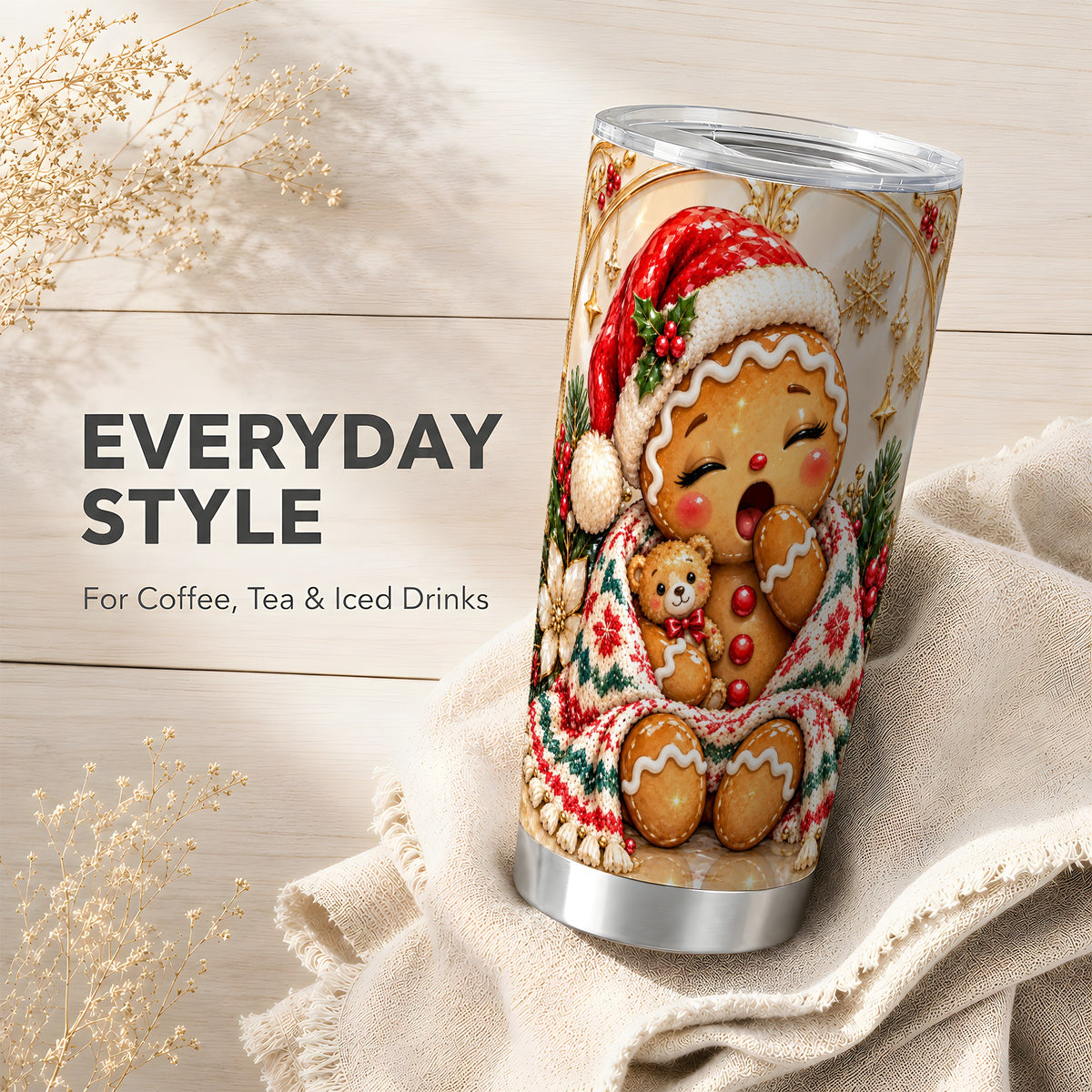 Cozy Gingerbread Tumbler 20oz, Christmas Stainless Steel Travel Cup