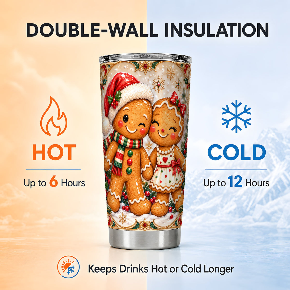 Gingerbread Couple Tumbler 20oz, Winter Tumbler, Stainless Steel Travel Cup