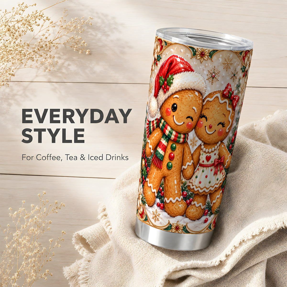 Gingerbread Couple Tumbler 20oz, Winter Tumbler, Stainless Steel Travel Cup