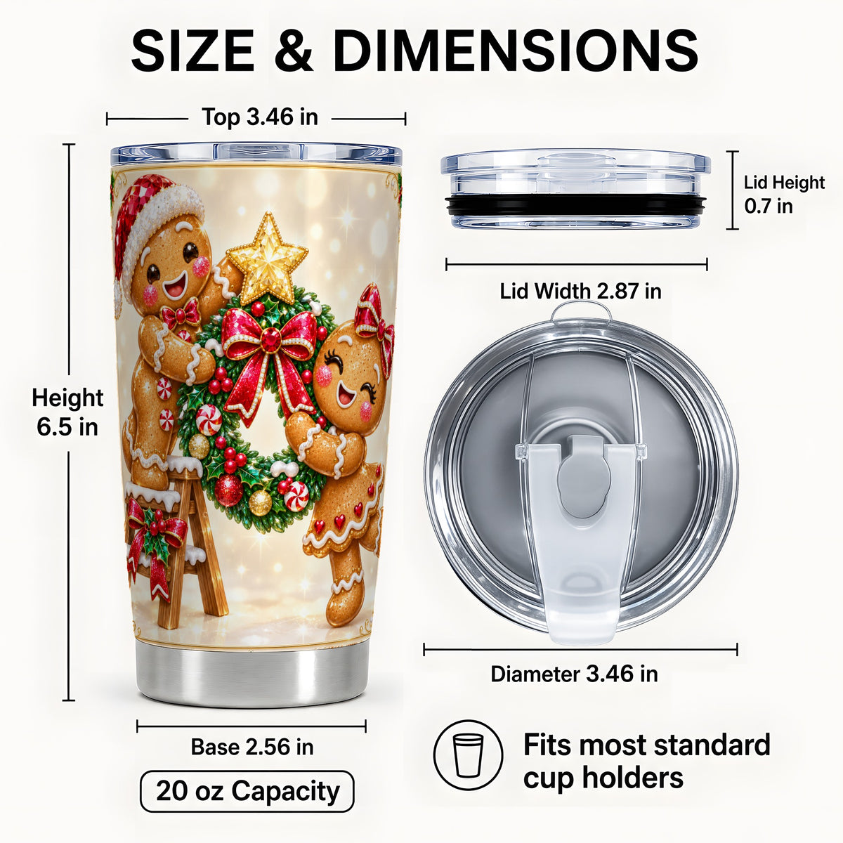 #pl[20oz|Steel] Gingerbread Wreath Tumbler 20oz, Winter Tumbler, Stainless Steel Travel Cup