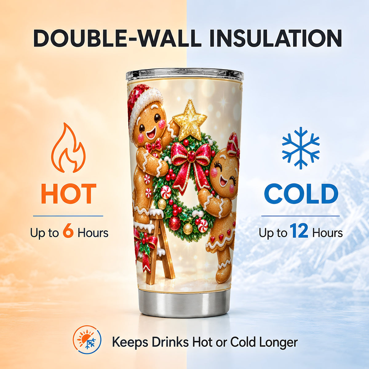 Gingerbread Wreath Tumbler 20oz, Winter Tumbler, Stainless Steel Travel Cup