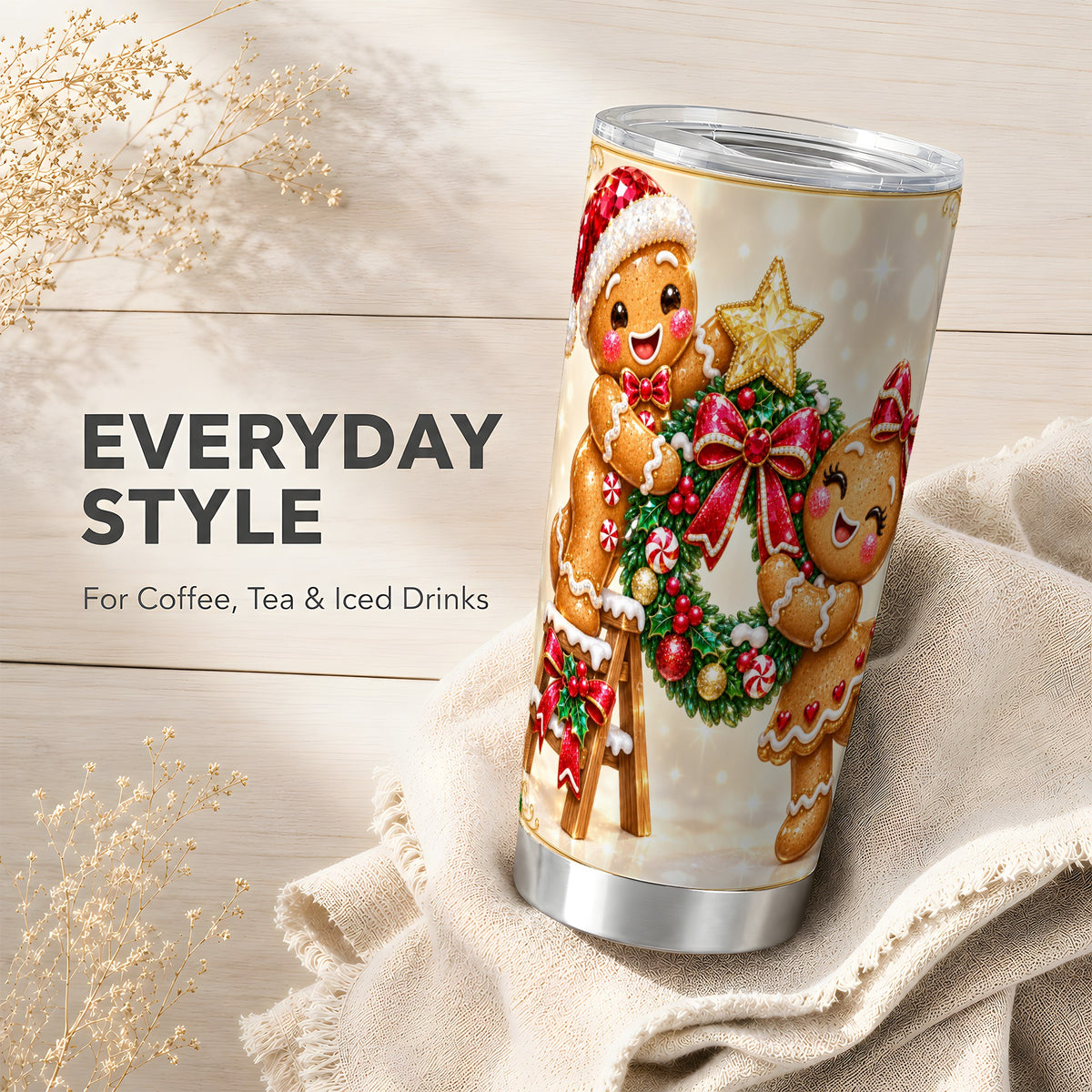 Gingerbread Wreath Tumbler 20oz, Winter Tumbler, Stainless Steel Travel Cup