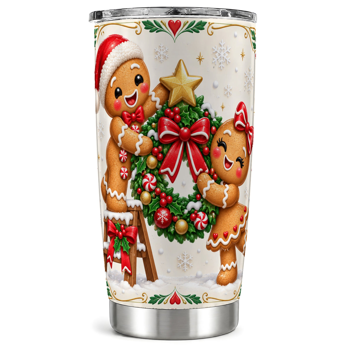Gingerbread Wreath Tumbler 20oz, Xmas Tumbler, Stainless Steel Travel Cup