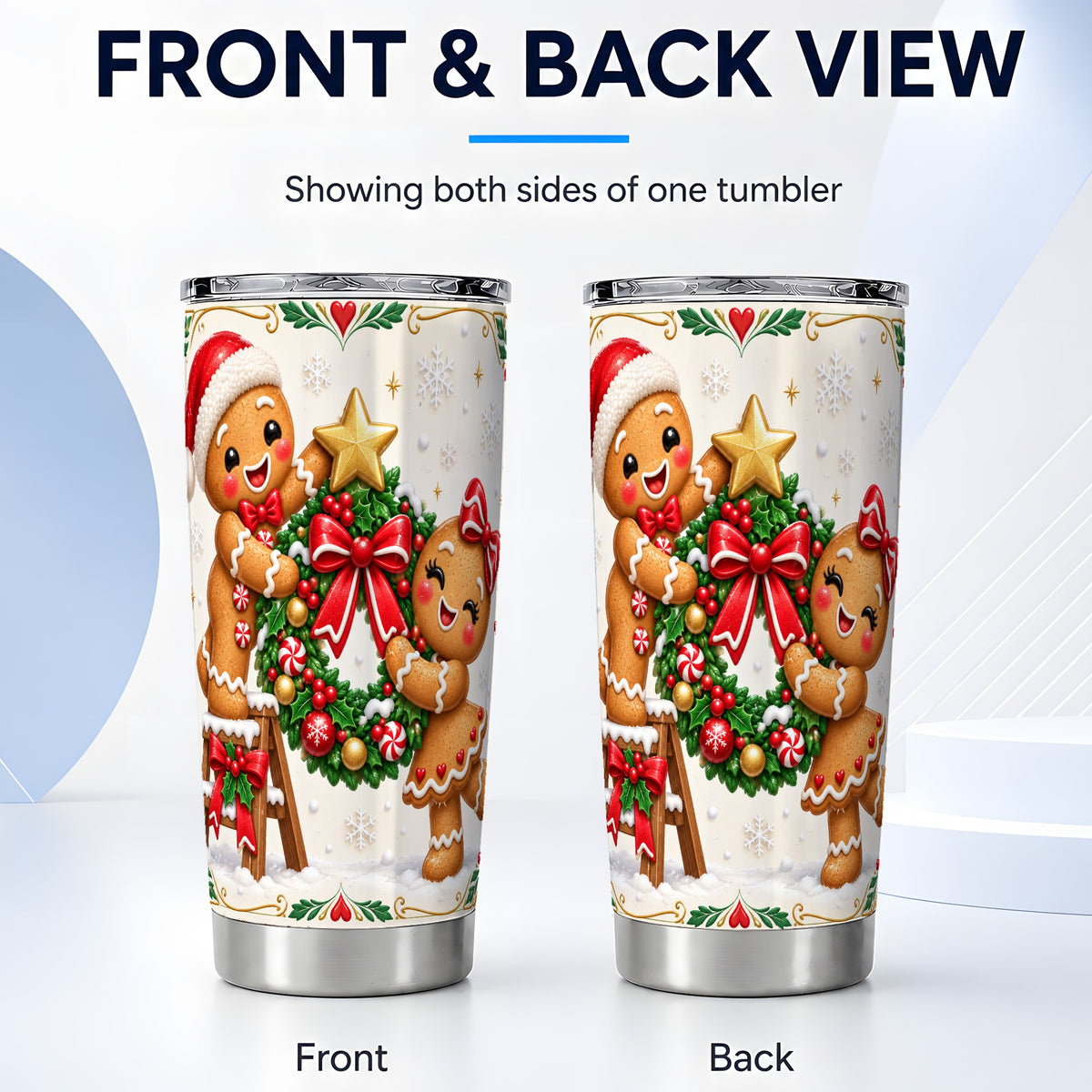 #pl[20oz|Steel] Gingerbread Wreath Tumbler 20oz, Xmas Tumbler, Stainless Steel Travel Cup