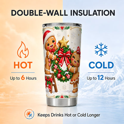 Gingerbread Wreath Tumbler 20oz, Xmas Tumbler, Stainless Steel Travel Cup